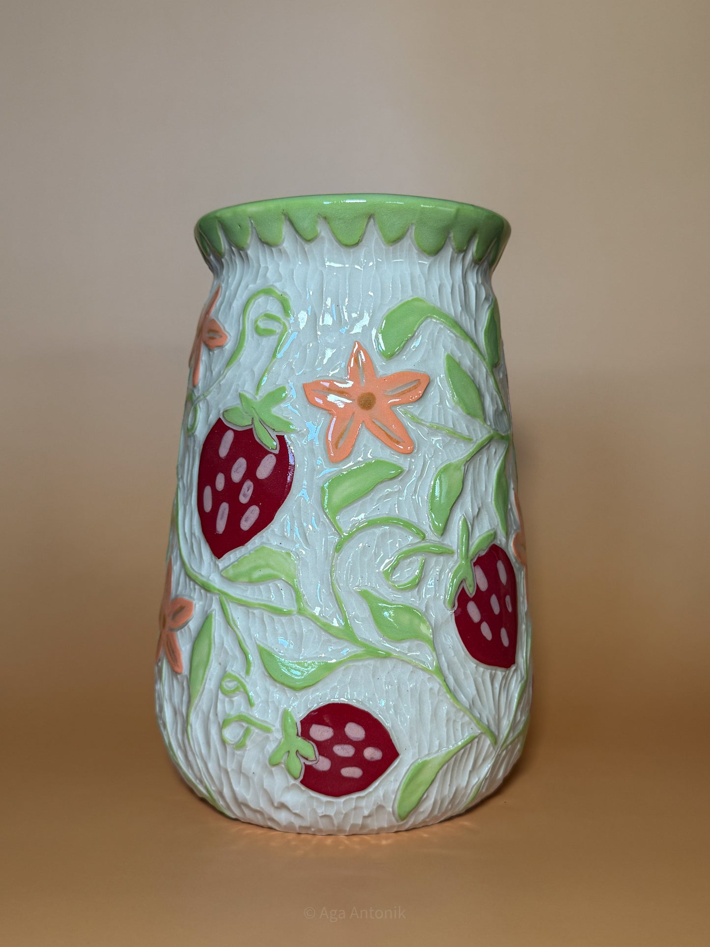 Strawberry Garden Hand-Carved Vase
