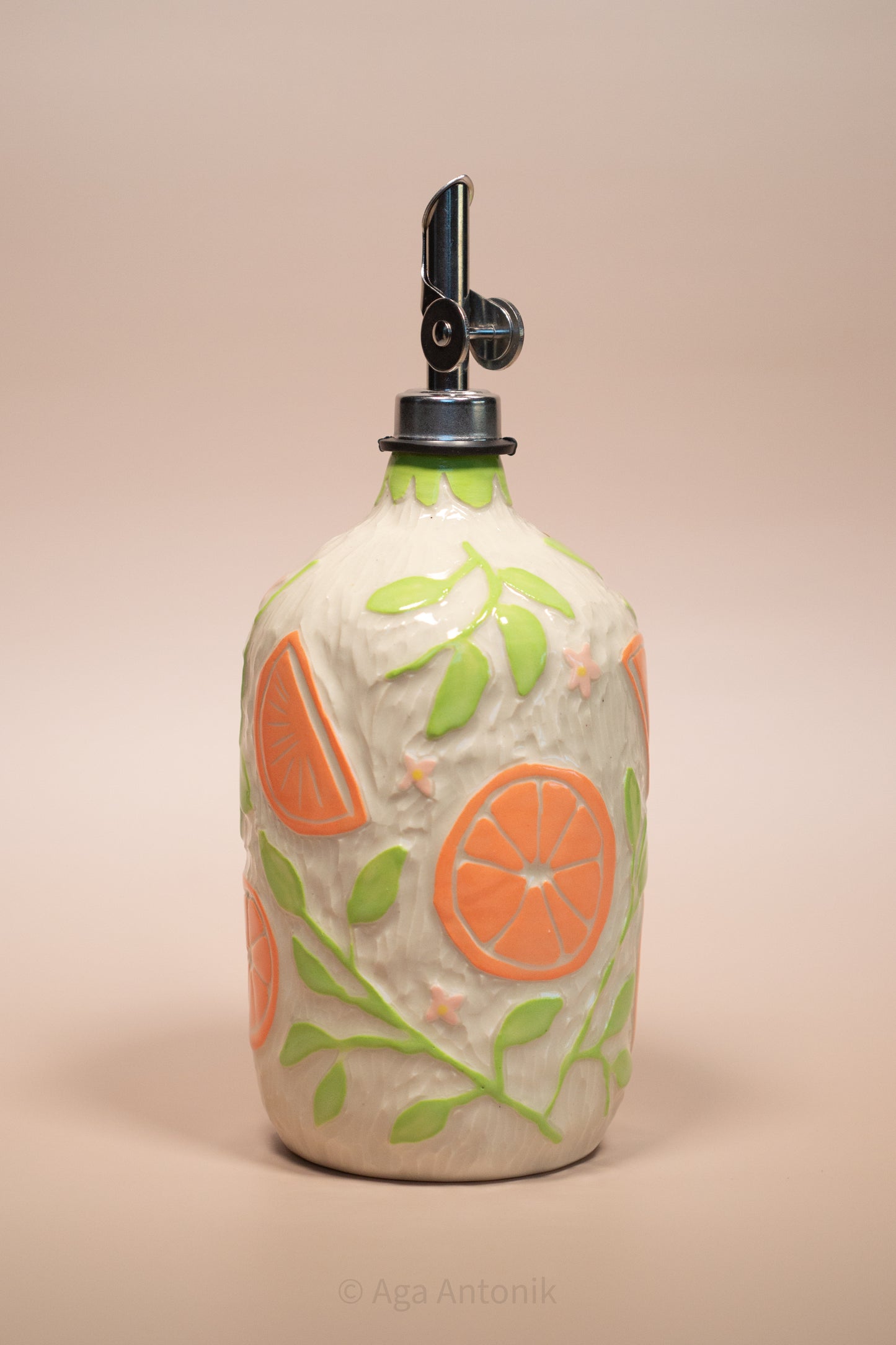 Citrus Grove Hand-Carved Ceramic Oil Bottle