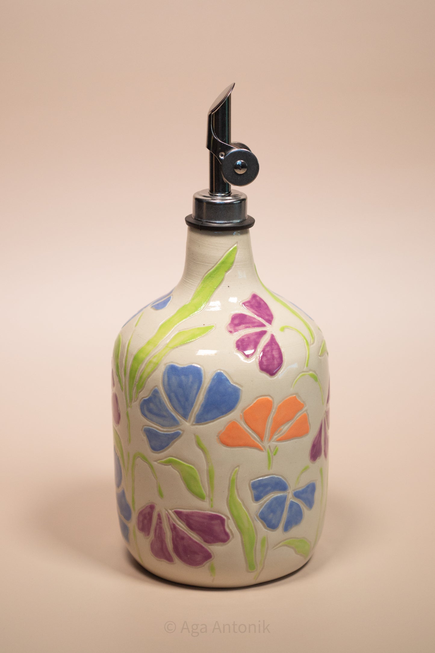 Floral Hand-Carved Ceramic Oil Bottle