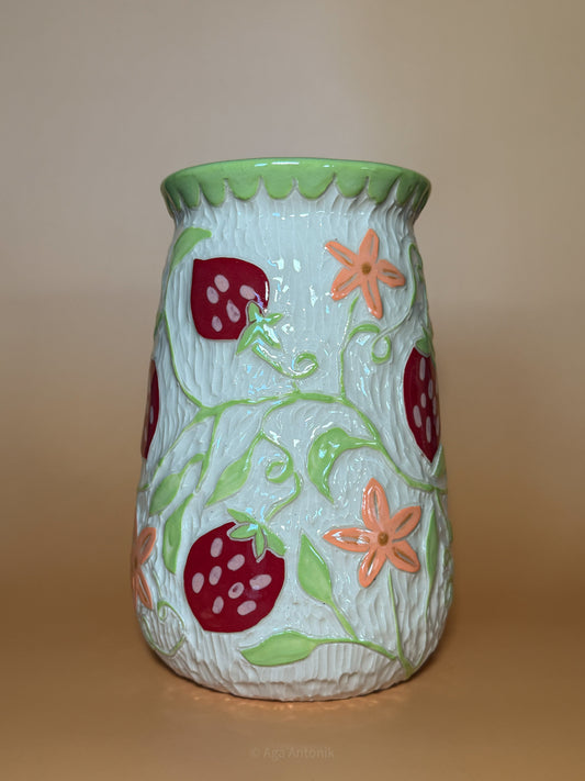 Strawberry Garden Hand-Carved Vase